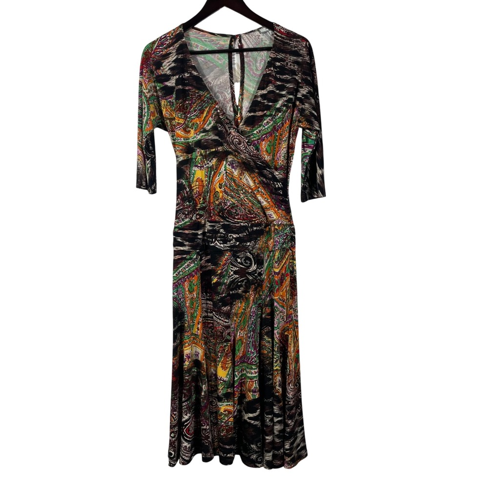Laura Max Women's Maxi‎ Dress L Multicolor Paisley Print V-Neck Ruched Waist USA